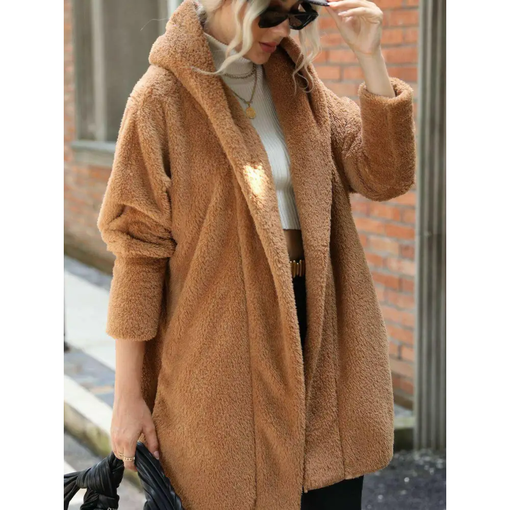 Open front hooded teddy coat in timeless luxury fashion for women $26 basic style, perfect for layering with luxury