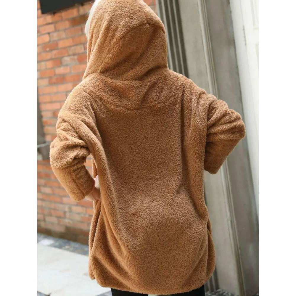 Open front hooded teddy coat in timeless luxury fashion for women $26 basic style, perfect for layering with luxury