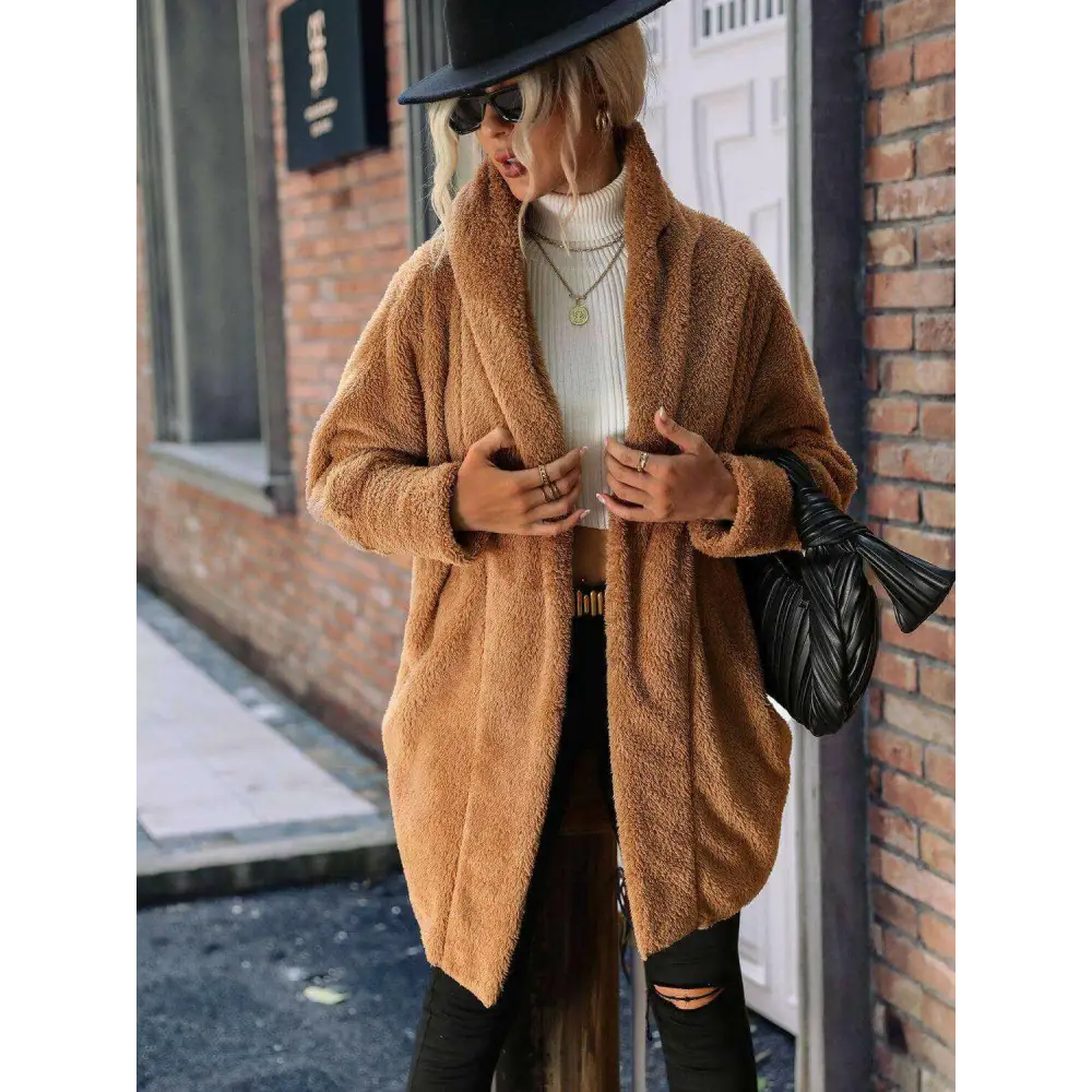 Open front hooded teddy coat in timeless luxury fashion for women $26 basic style, perfect for layering with luxury