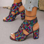 Open Toe Block Heels sandals in multicolor patterned PU leather with cut-out sides and a chunky high heel