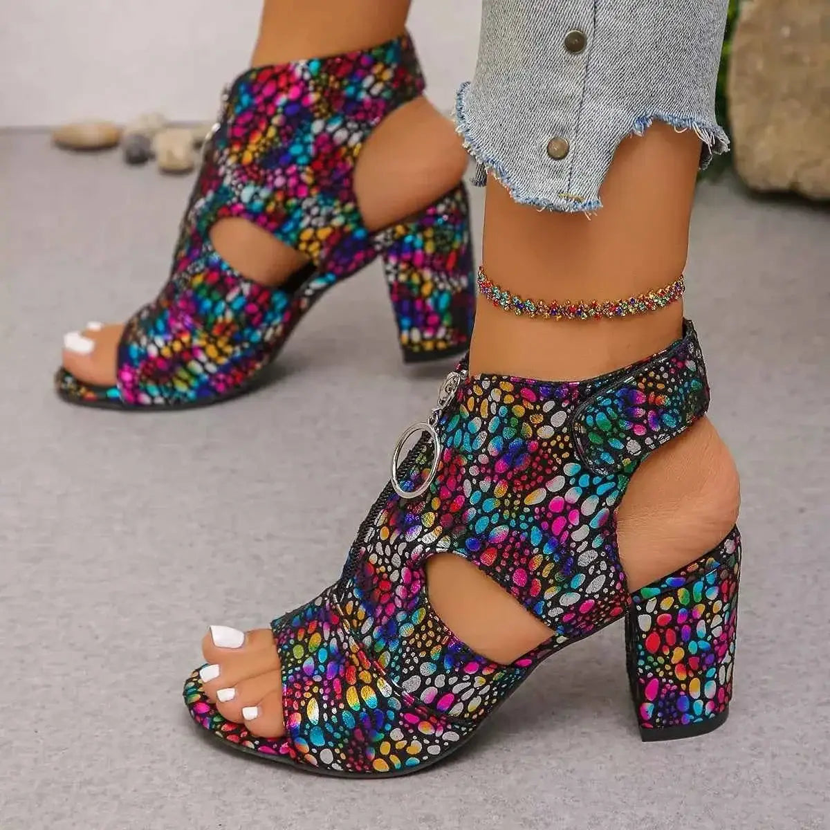 Open Toe Block Heels sandals in multicolor patterned PU leather with cut-out sides and a chunky high heel