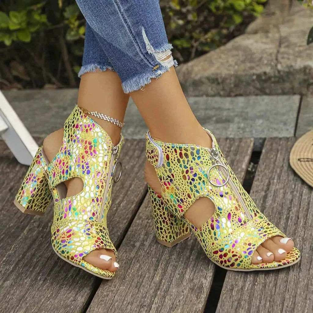Open Toe Block Heels with multicolor snake print pattern, high block heels, and front zipper detail on PU leather