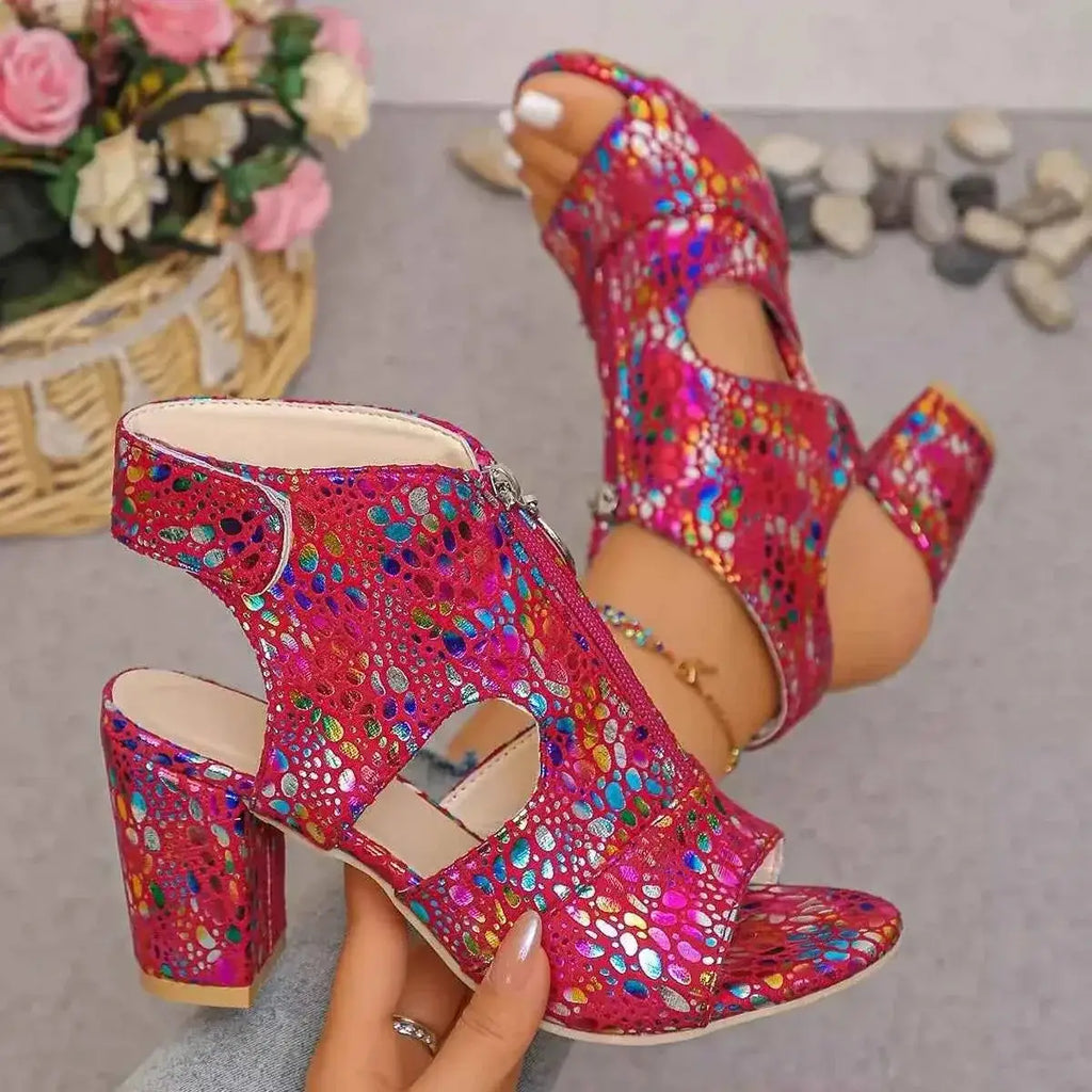 Open Toe Block Heels in vibrant pink with multicolor shiny scale pattern, high block heels, and front zipper closure