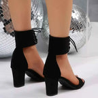 Black suede Open Toe Block Heels sandals with ankle lace-up straps and mid-height chunky heels.