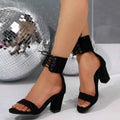 Black suede Open Toe Block Heels with ankle lace-up straps and mid-height chunky heels for added stability and style.
