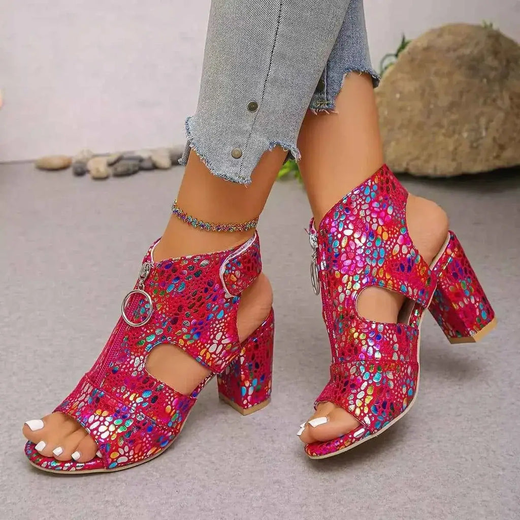 Open Toe Block Heels sandals in vibrant pink with multicolored abstract pattern and chunky heel design
