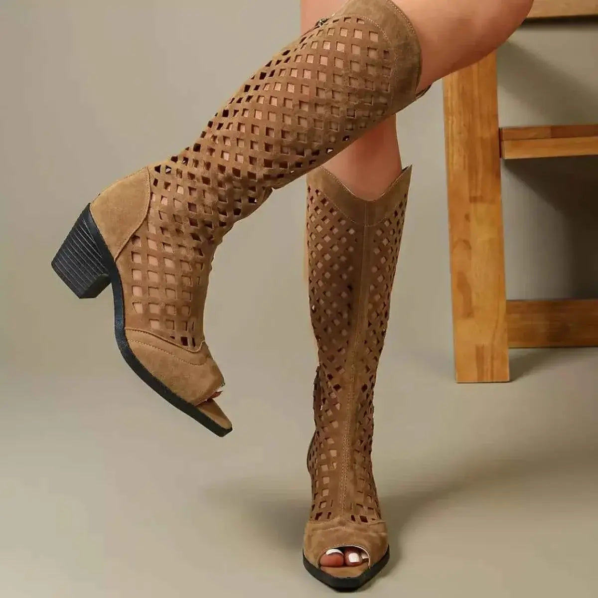 Open Toe Block Heels in tan suede with lattice pattern, mid-height block heel, and peep-toe design