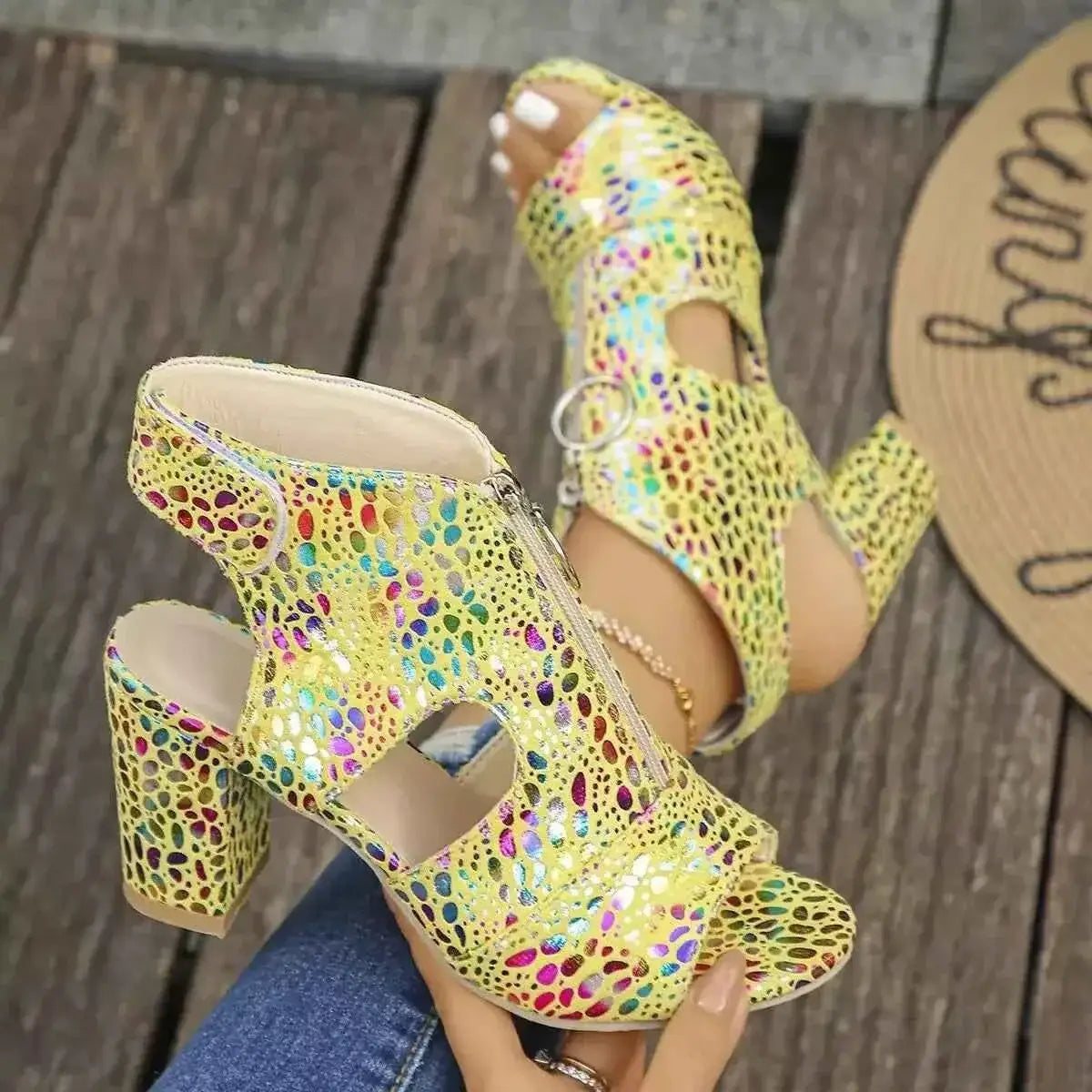 Open Toe Block Heels in yellow with multicolored glitter spots, cut-out design, and chunky heel in PU leather material