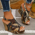 Open Toe Wedge Sandals with high heel, PU leather and rubber, featuring a brown and beige abstract pattern and ankle strap