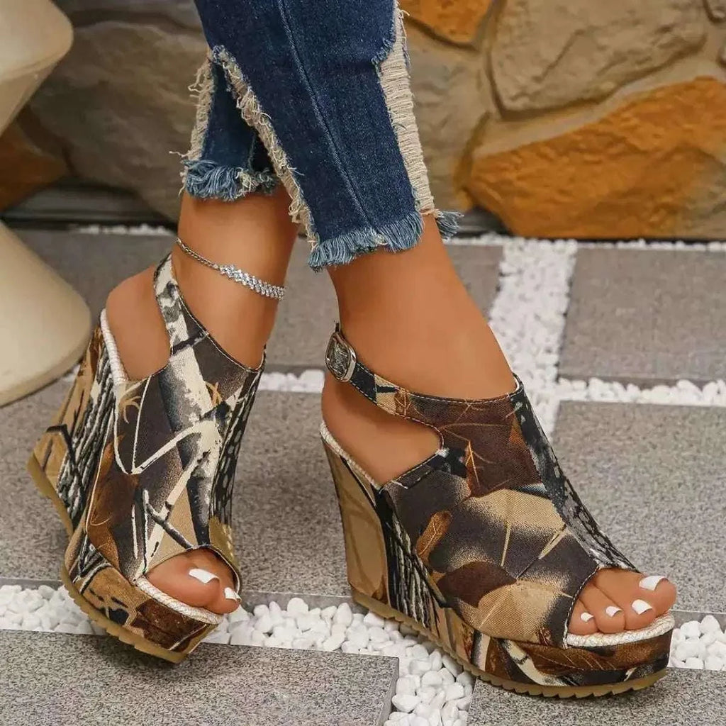 Open Toe Wedge Sandals in brown and tan camouflage pattern with high wedge heels and ankle straps made of PU leather