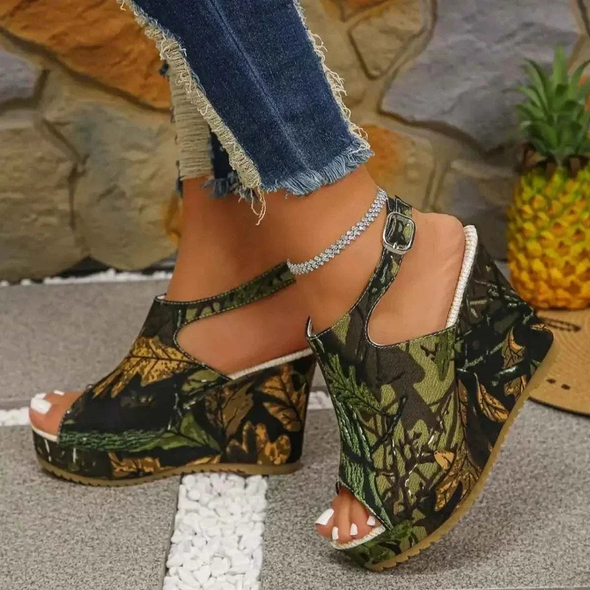 Open Toe Wedge Sandals with a camouflage leaf pattern in green and brown tones, featuring high wedge heels and ankle straps