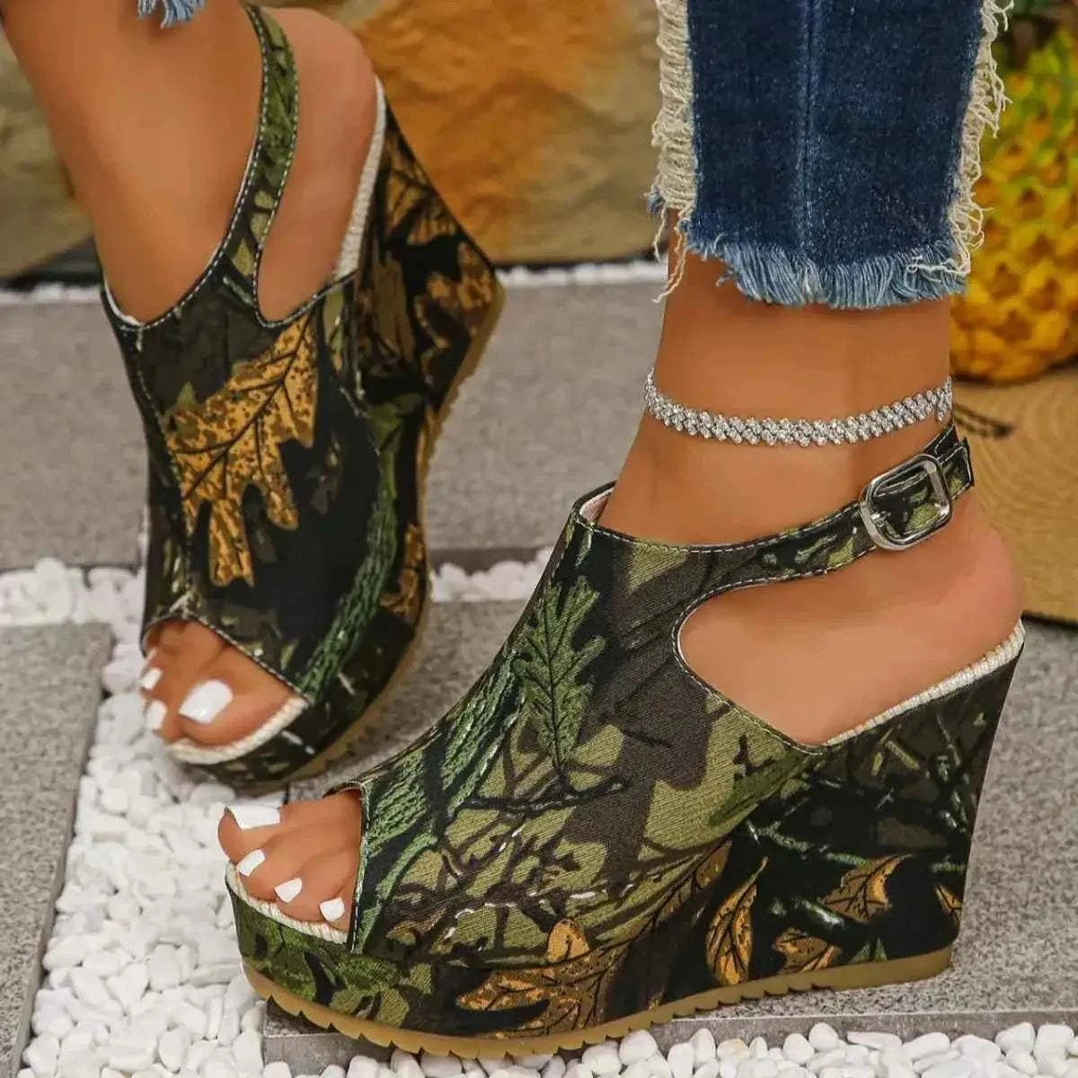 Open Toe Wedge Sandals in camouflage leaf pattern with green, brown, and black PU leather material and high rubber wedge heel