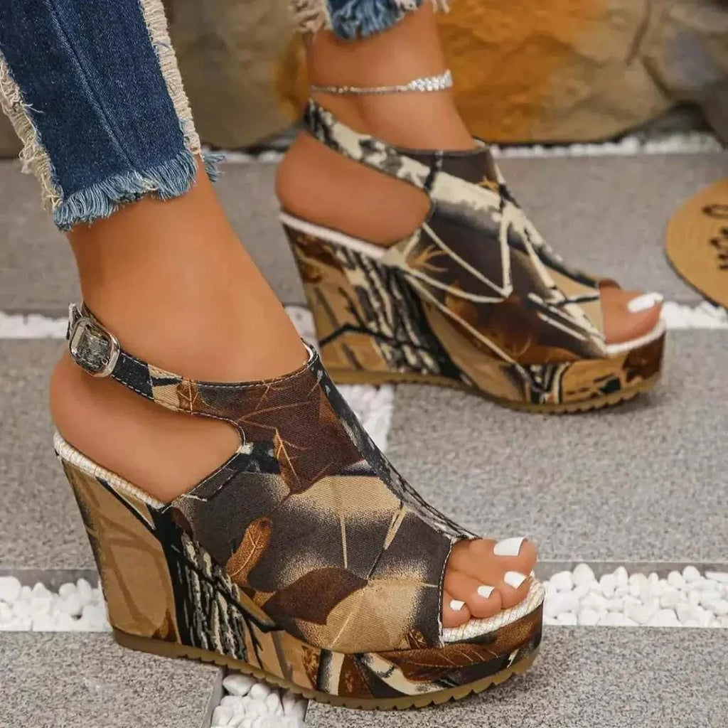 Open Toe Wedge Sandals with high heels featuring camouflage pattern in brown, beige, and black with adjustable ankle strap