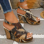 Open Toe Wedge Sandals with high heels featuring camouflage pattern in brown, beige, and black with adjustable ankle strap