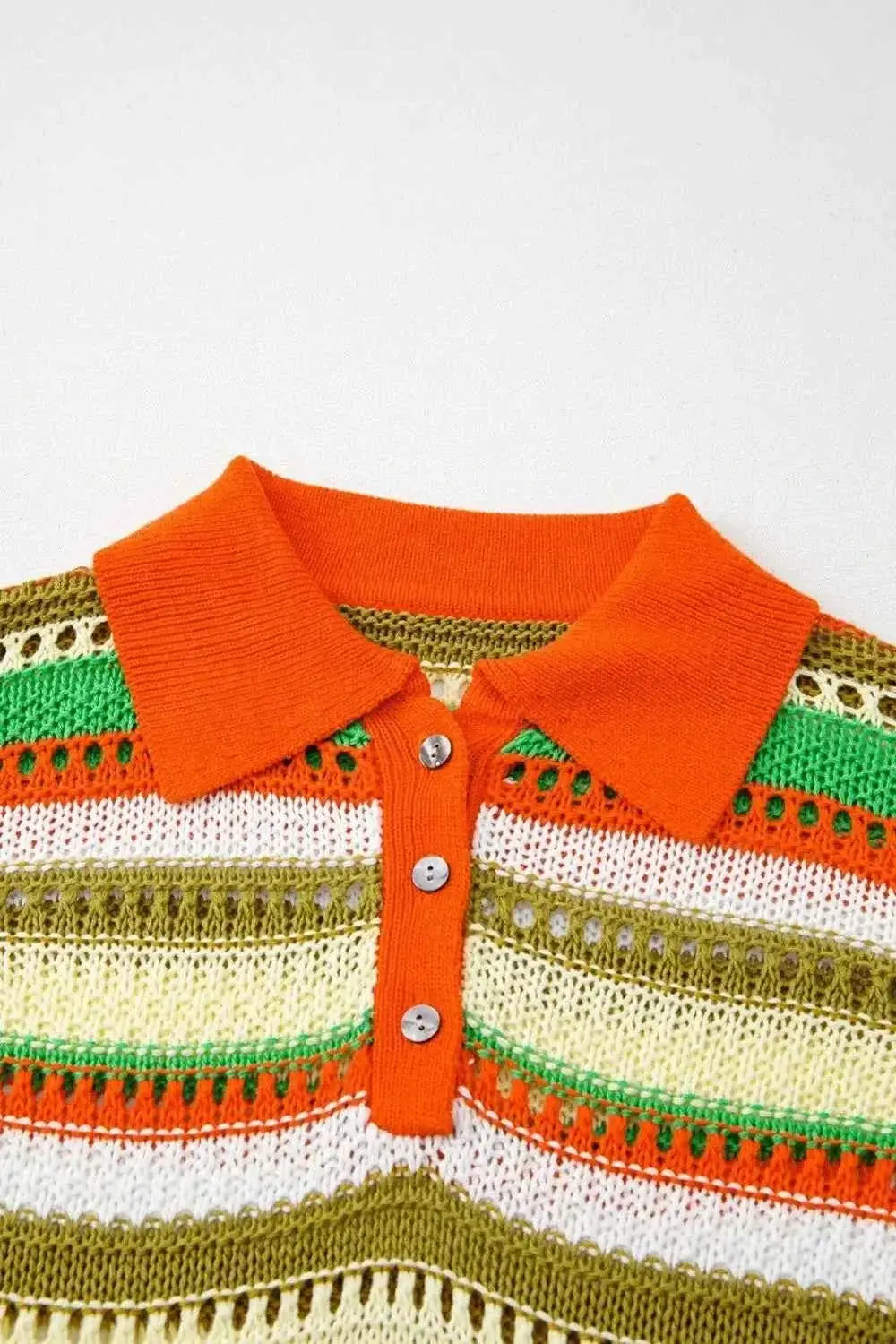 Openwork Stripe Sleeveless Sweater Dress with a collared neckline, button placket, and multicolored horizontal stripes