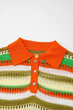 Openwork Stripe Sleeveless Sweater Dress with a collared neckline, button placket, and multicolored horizontal stripes