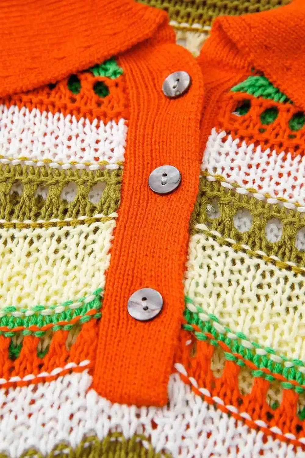 Openwork Stripe Sleeveless Sweater Dress with vibrant orange, white, green, and beige stripes featuring button details and open knit pattern