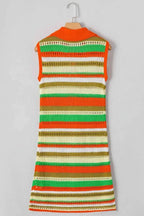 Openwork Stripe Sleeveless Sweater Dress featuring horizontal stripes in orange, green, white, and beige with a knit texture and slightly stretchy acrylic material
