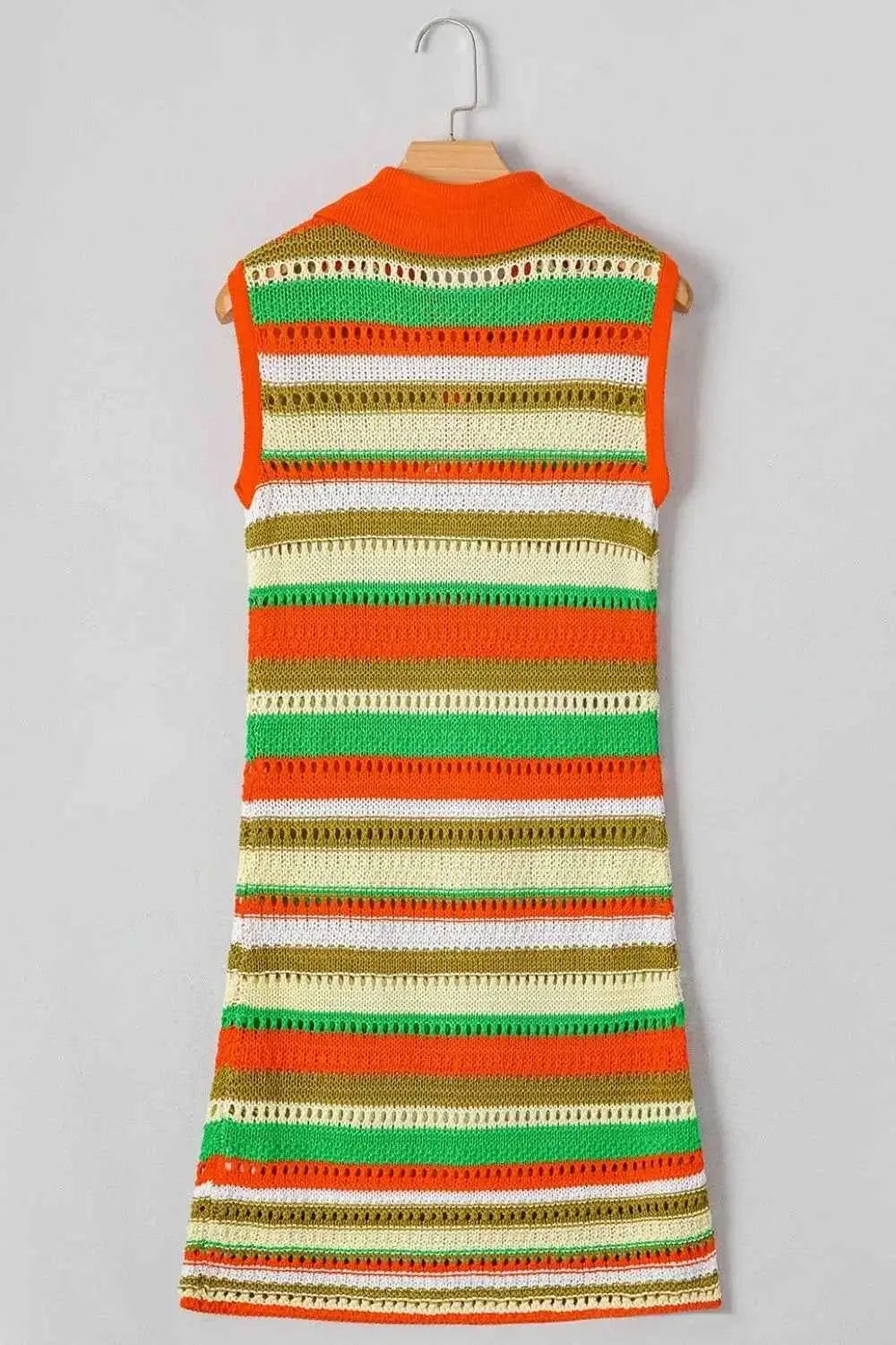 Openwork Stripe Sleeveless Sweater Dress featuring horizontal stripes in orange, green, white, and beige with a knit texture and slightly stretchy acrylic material