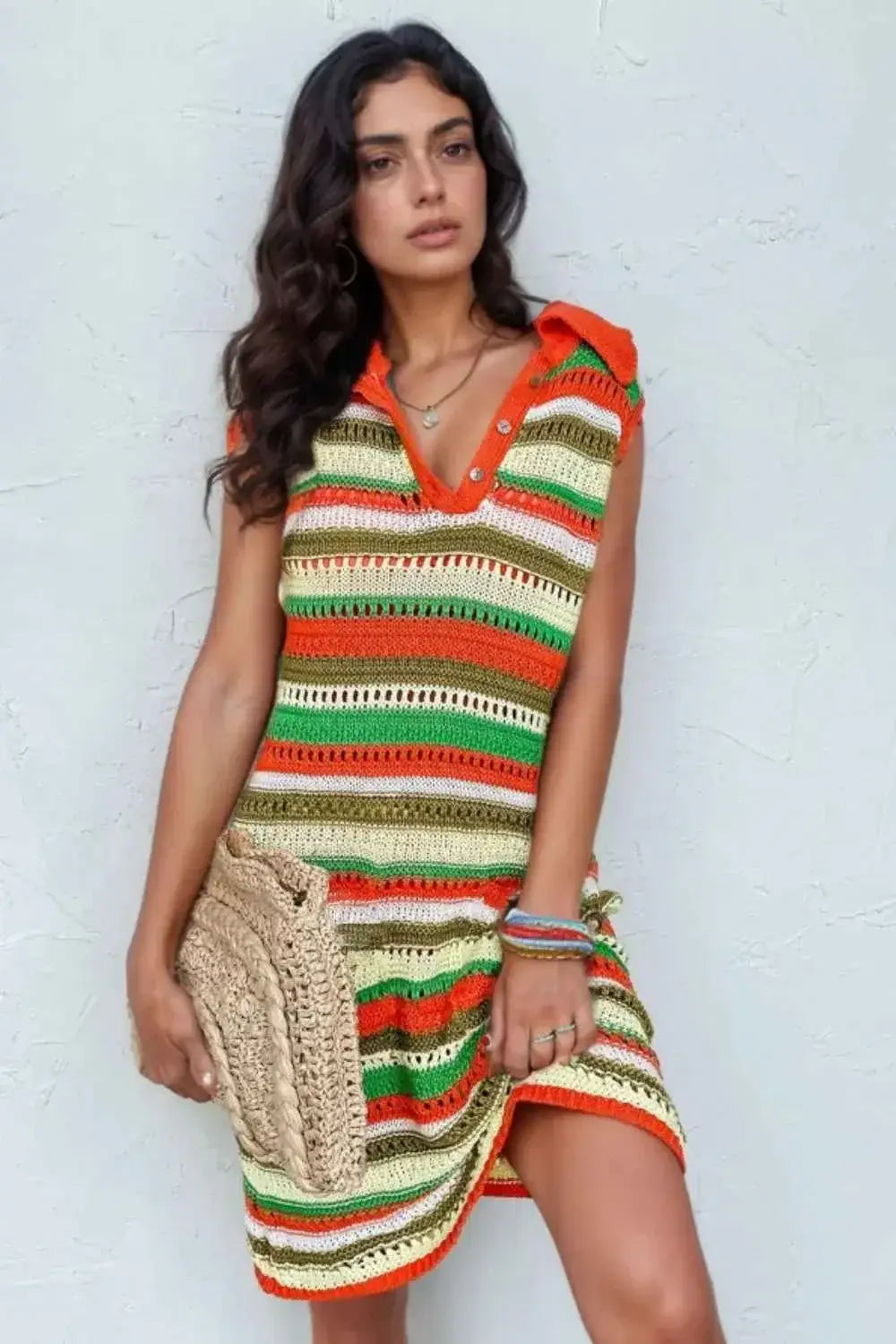 Openwork Stripe Sleeveless Sweater Dress featuring multicolored horizontal stripes with green, orange, cream, and olive accents in a knit pattern