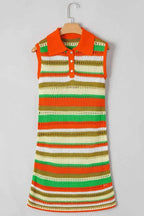 Openwork Stripe Sleeveless Sweater Dress in orange, green, beige, and white stripes with a collared button placket
