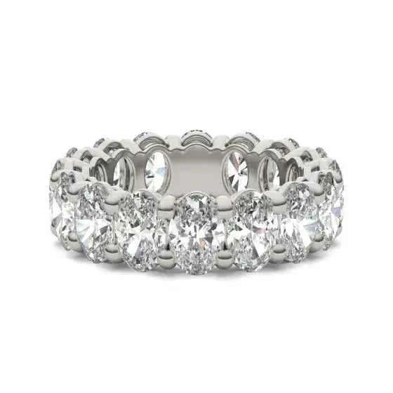 Oval Lab Grown Diamond eternity ring with 17 oval-cut diamonds in 18K white gold band, sparkling and brilliant