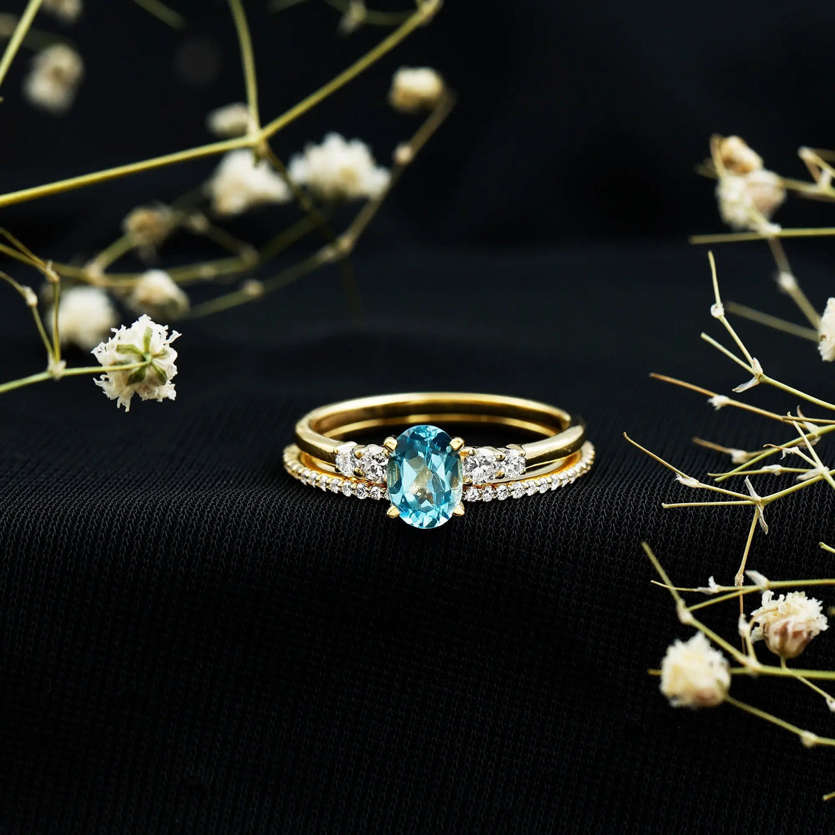 Oval Swiss Blue Topaz Diamond Wedding Ring Set in Silver