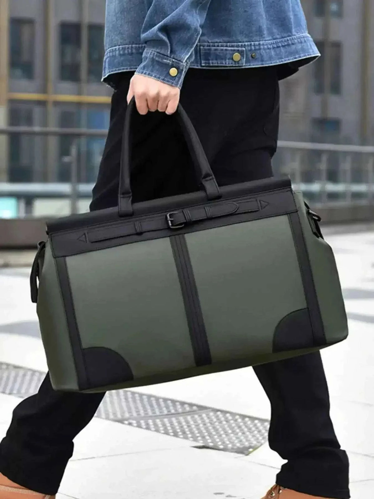 Oxford Cloth Travel Bag in green with black handles and trim, large rectangular shape with buckle detail on front panel
