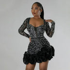2025 Party Dresses Beading Diamond Long Sleeves Ruffles for women Shiny Elegant Wedding Guest Gown Occasion Celebrate Birthday
