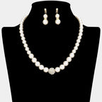 Pave Ball & Pearl Strand Necklace with white pearls and a central pave ball pendant paired with matching pearl drop earrings