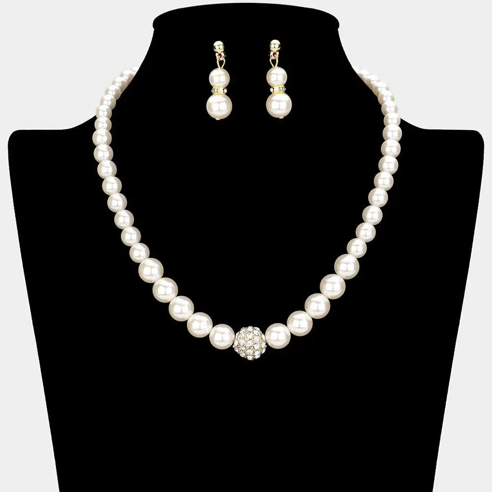 Pave Ball & Pearl Strand Necklace with white pearls and a central pave ball pendant paired with matching pearl drop earrings