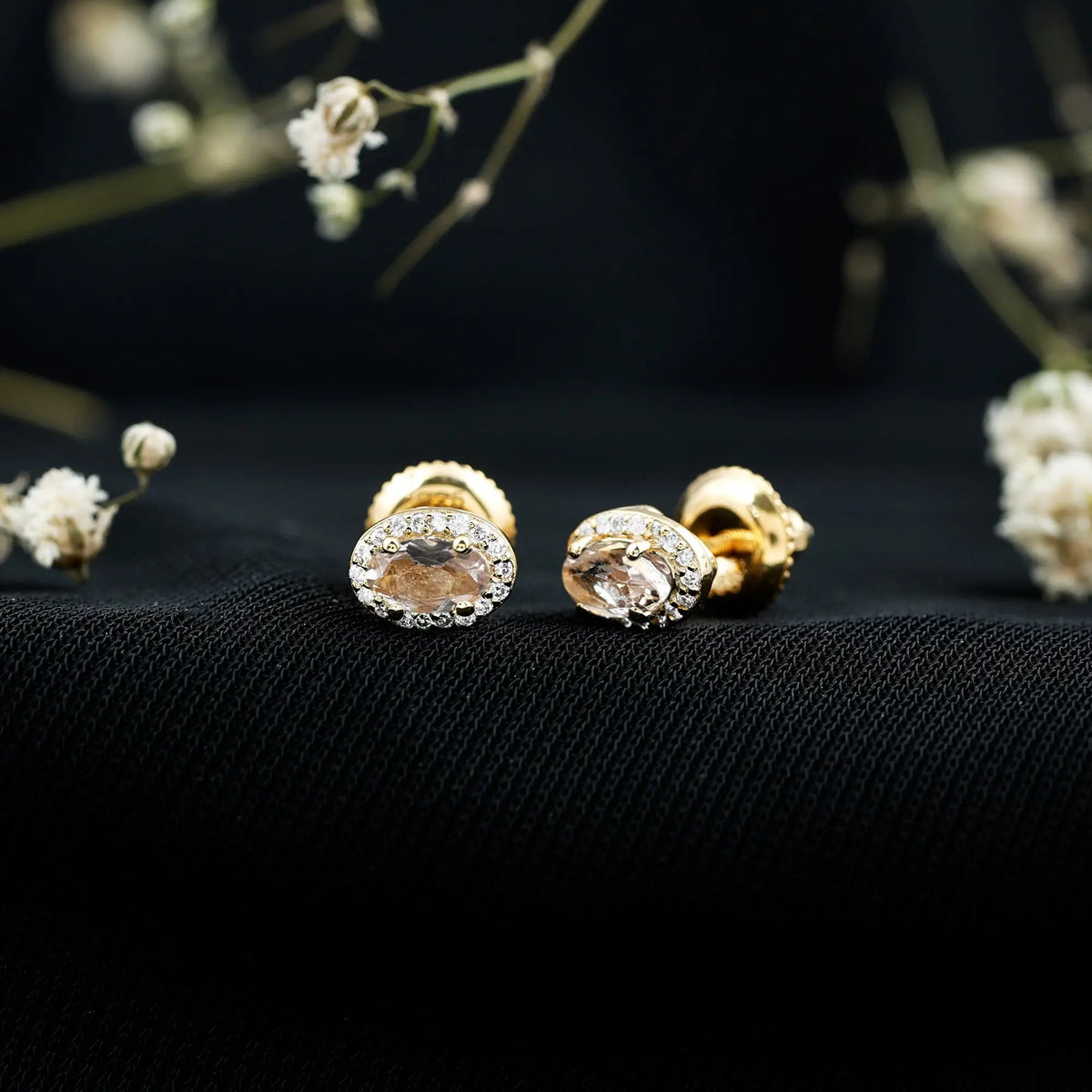 Peach Morganite and Diamond Halo Stud Earrings