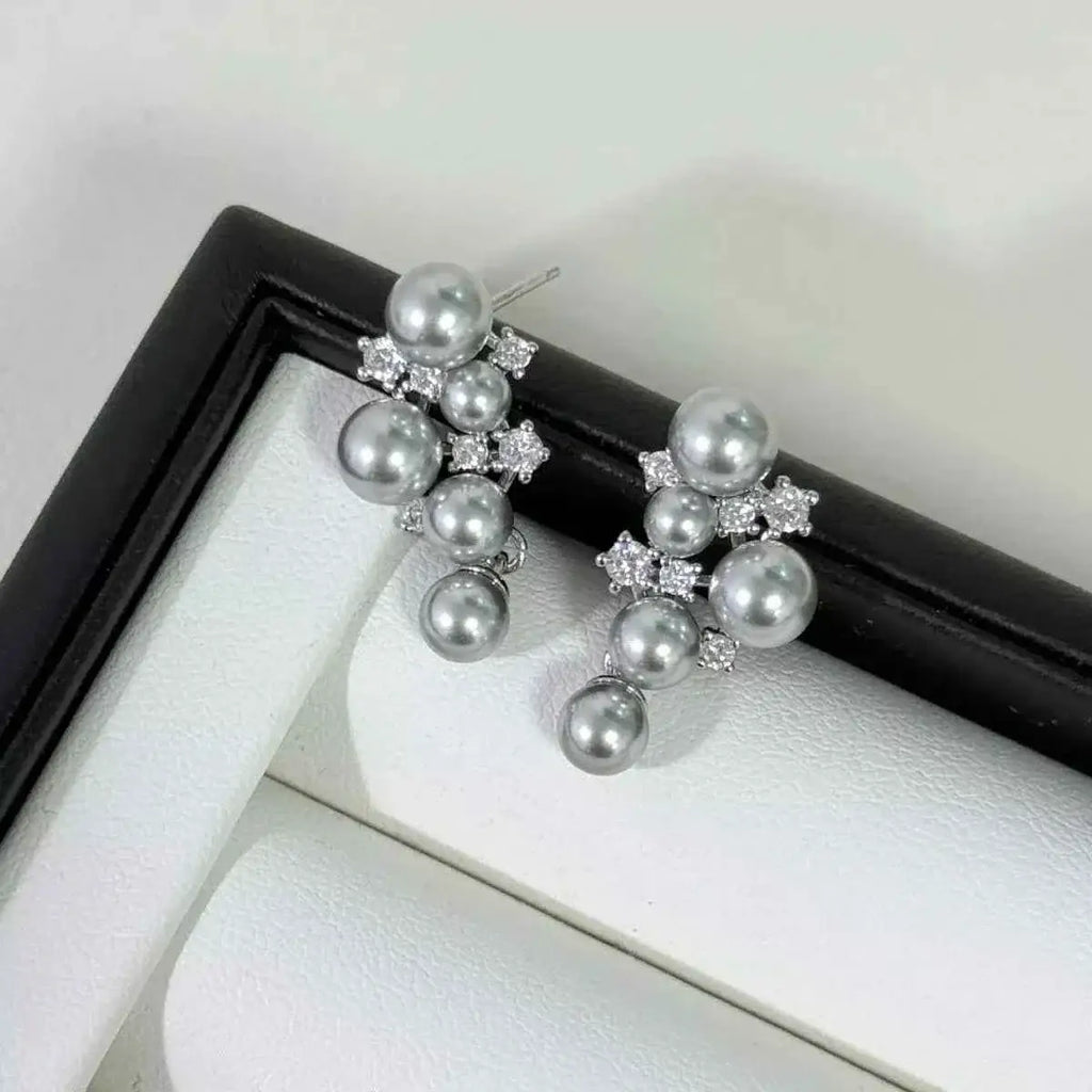 Pearl Cluster Earrings with silver synthetic pearls and sparkling zircon accents in a clustered design