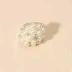Pearl Cluster Ring featuring white synthetic pearls and clear rhinestones on an 18K gold-plated alloy band with silver plating.