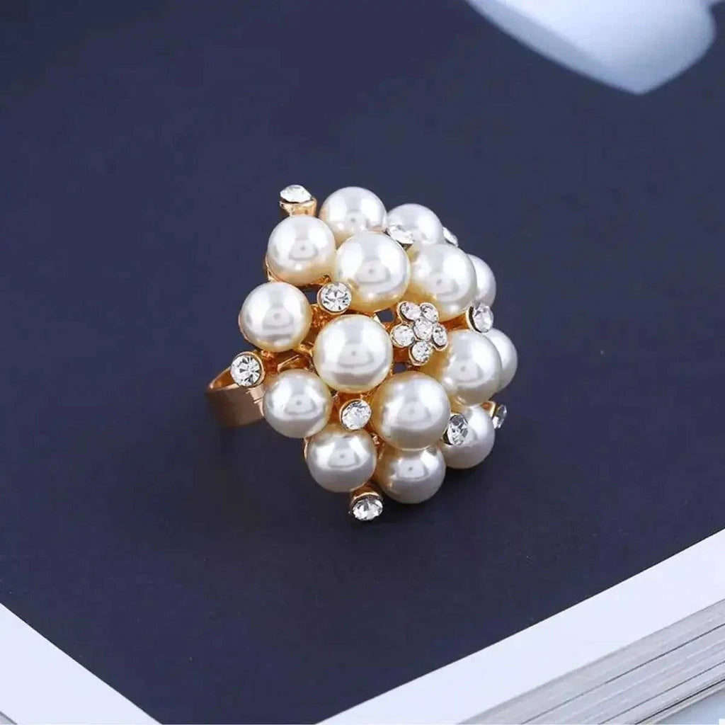 Pearl Cluster Ring featuring gold-plated alloy with synthetic pearls and rhinestones in a floral cluster design