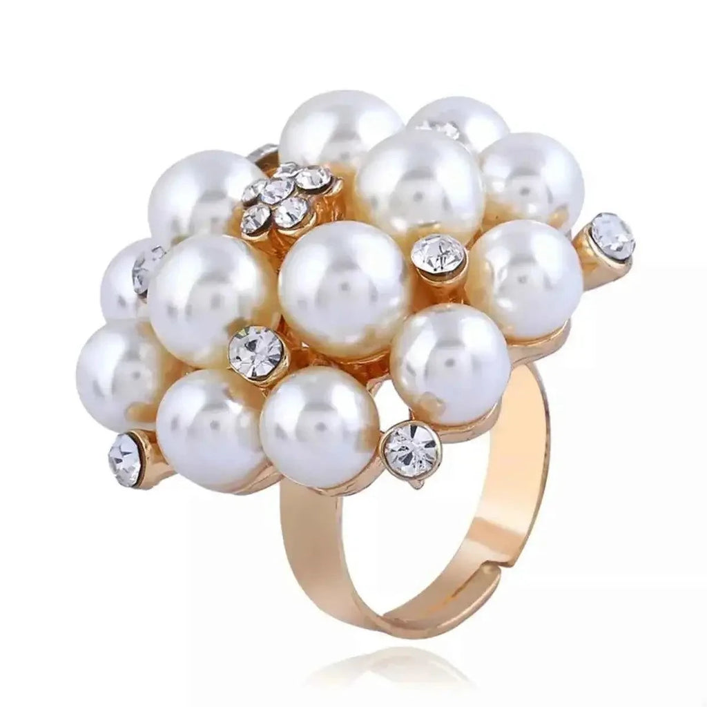 Pearl Cluster Ring featuring white synthetic pearls and clear rhinestones on an 18K gold-plated adjustable band