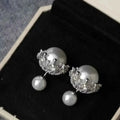 Pearl Stud Earring featuring large and small synthetic white pearls with silver decorative crown detailing