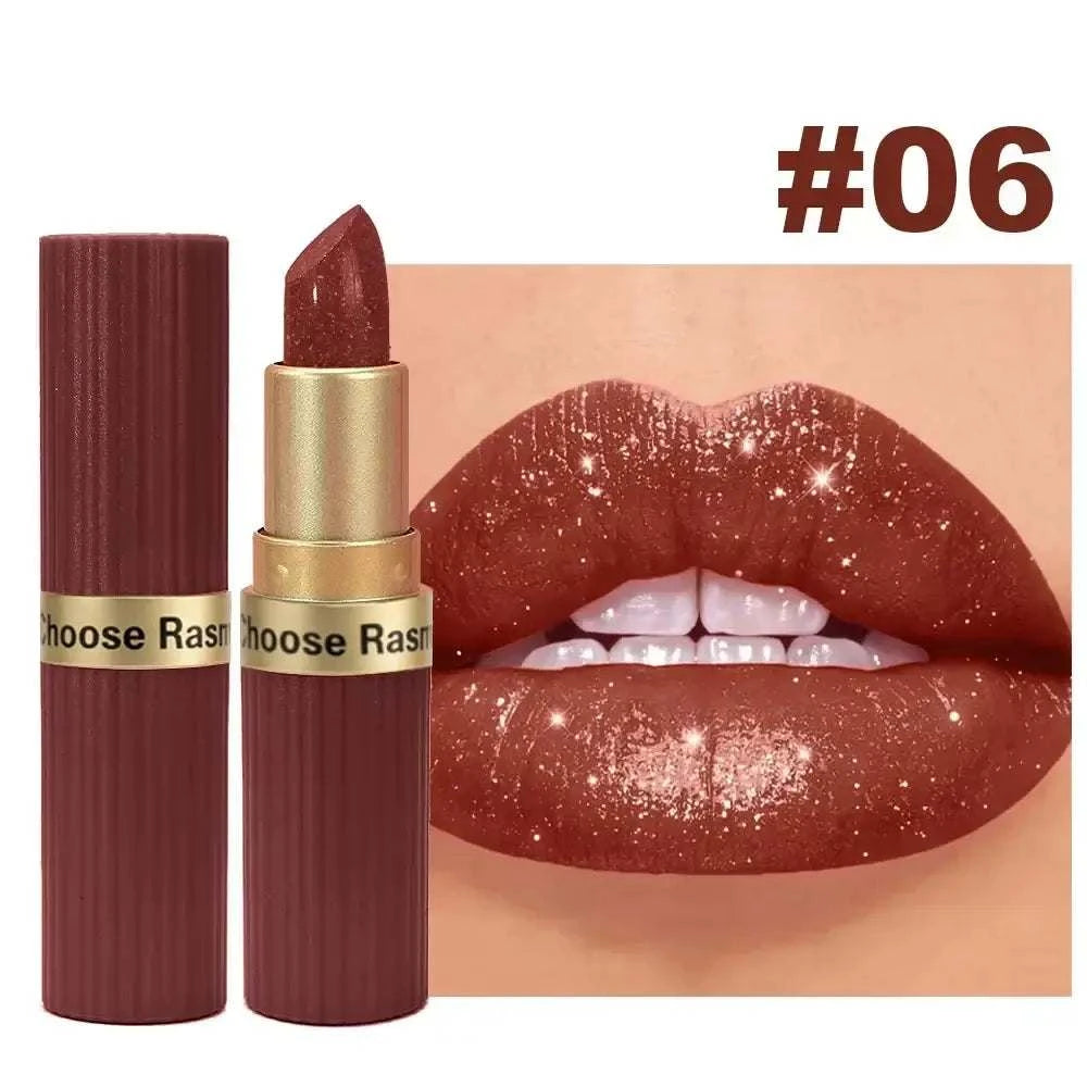 Pearlescent Pink Glitter Velvet Lipstick Metallic Waterproof Long Lasting Matte Shimmer Diamond Lipstick Women Makeup Cosmetic