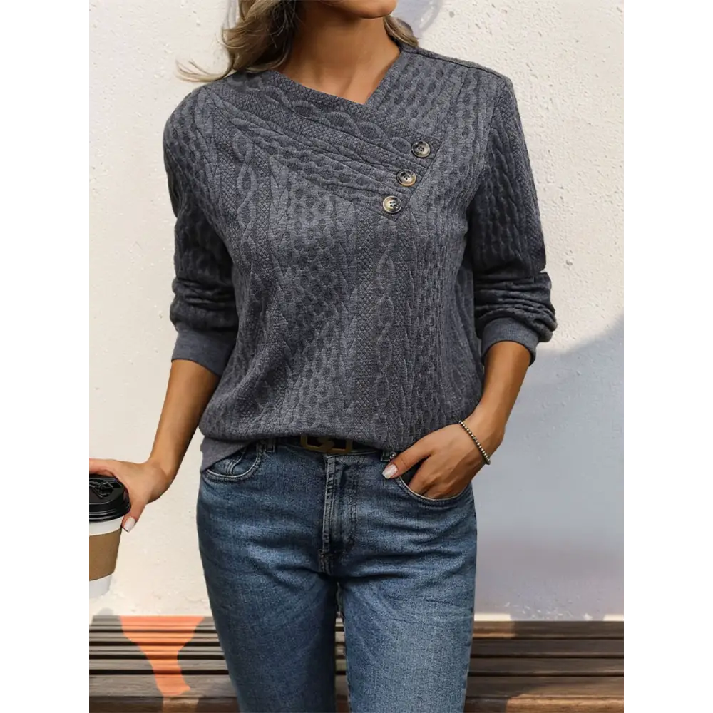 Perfee decorative button sweatshirt in luxury fashion for women $28.99 adorned with a stunning decorative button,