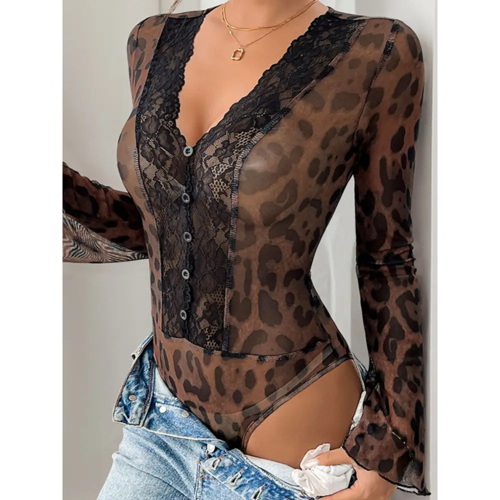 Perfee leopard v-neck lace bodysuit in luxury fashion for women $22.99 elegant lace, stunning decorative button