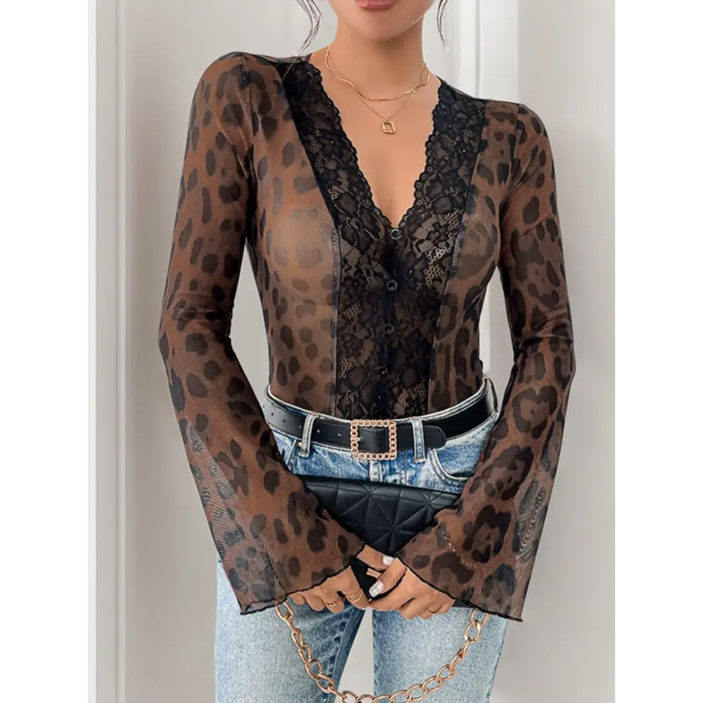 Perfee leopard v-neck lace bodysuit in luxury fashion for women $22.99 elegant lace, stunning decorative button