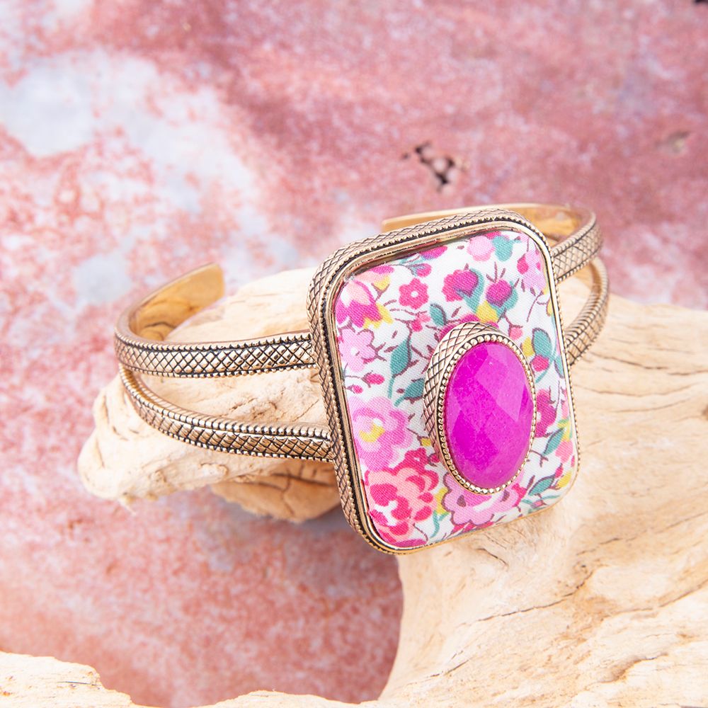 Pink Agate Stacked Stone Floral Cuff Bracelet - Maven Couture IncBracelets
