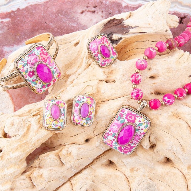 Pink Agate Stacked Stone Floral Cuff Bracelet - Maven Couture IncBracelets