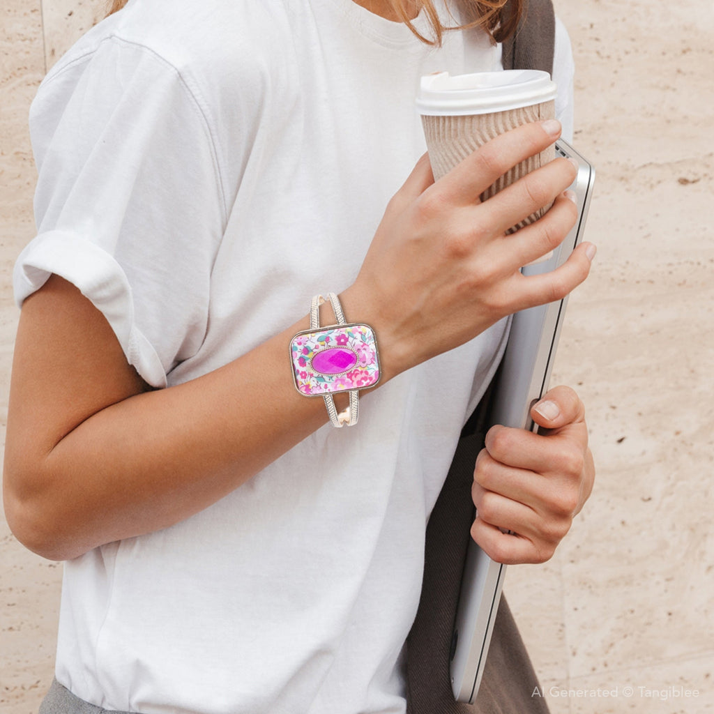 Pink Agate Stacked Stone Floral Cuff Bracelet - Maven Couture IncBracelets