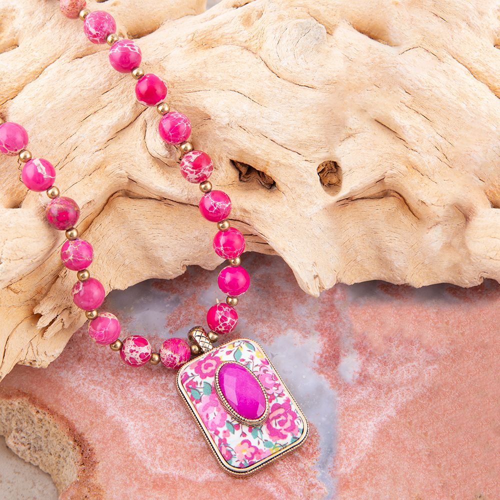 Pink Agate Stacked Stone Floral Pendant Necklace - Maven Couture IncNecklaces