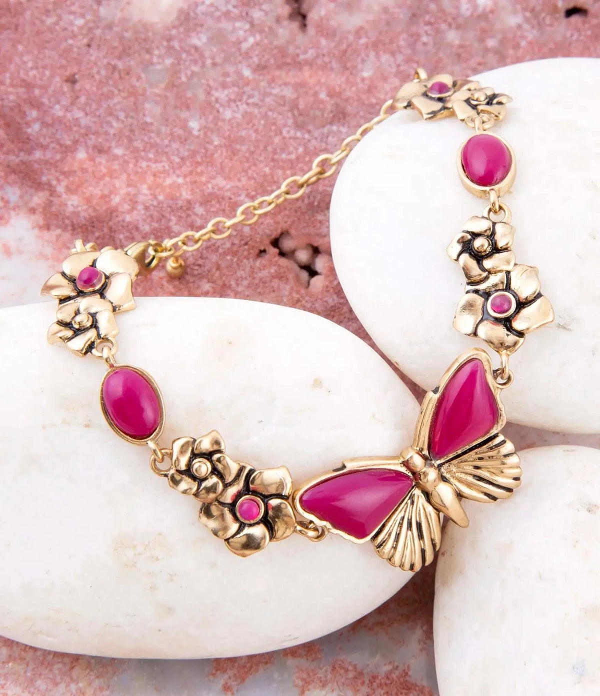 Pink Fuchsia Agate Golden Butterflies Adjustable Bracelet - Maven Couture IncBracelets
