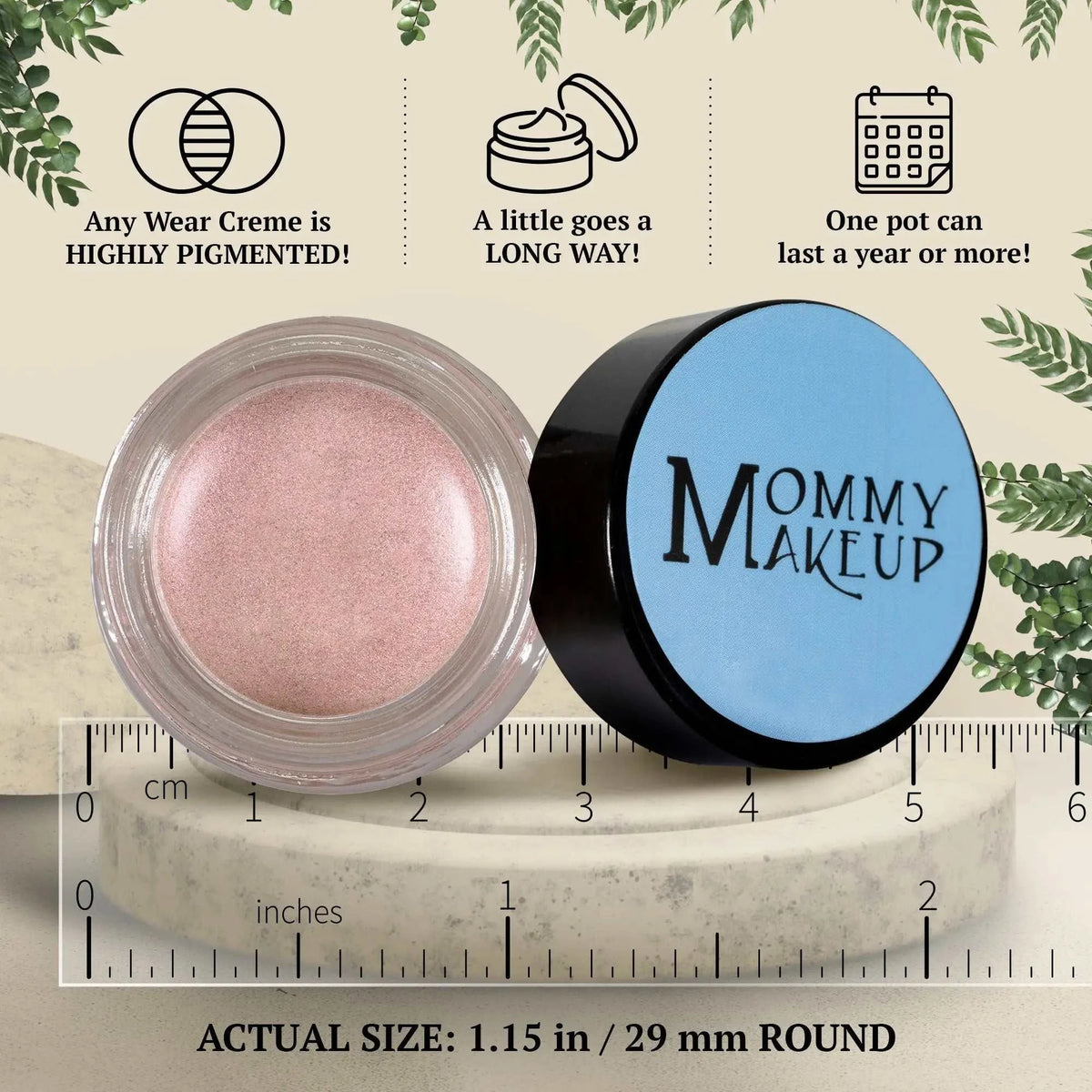 Mommy makeup pink icing waterproof multi-tasking creme in blush pink glass jar with black lid for eyes cheeks lips