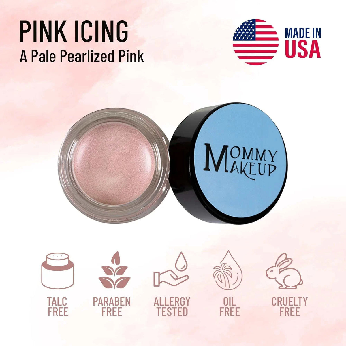 A pale pearlescent pink waterproof multi-tasking creme in a clear jar labeled mommy makeup pink icing for lips eyes cheeks