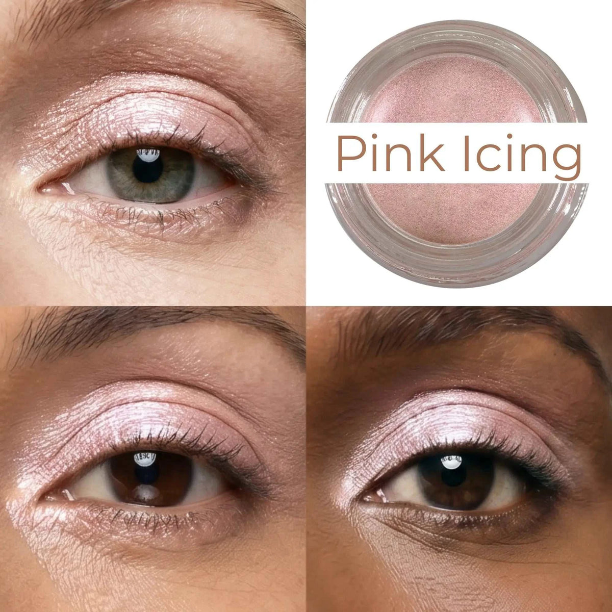 Pink icing waterproof multi-tasking creme in a clear glass jar with metallic lid for eyes cheeks and lip color
