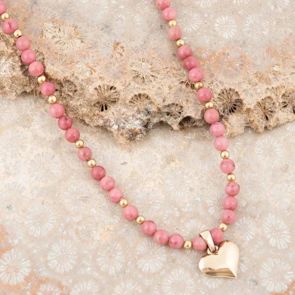 Pink Rhodonite and Golden Bronze Heart Pendant Necklace - Maven Couture IncNecklaces